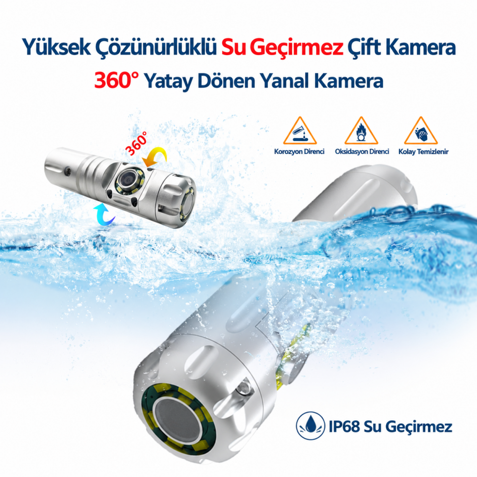 30 Metre Sert Kablo Yılan Kamera - IPS Ekran 1080p Endüstriyel 360 Derece Kamera