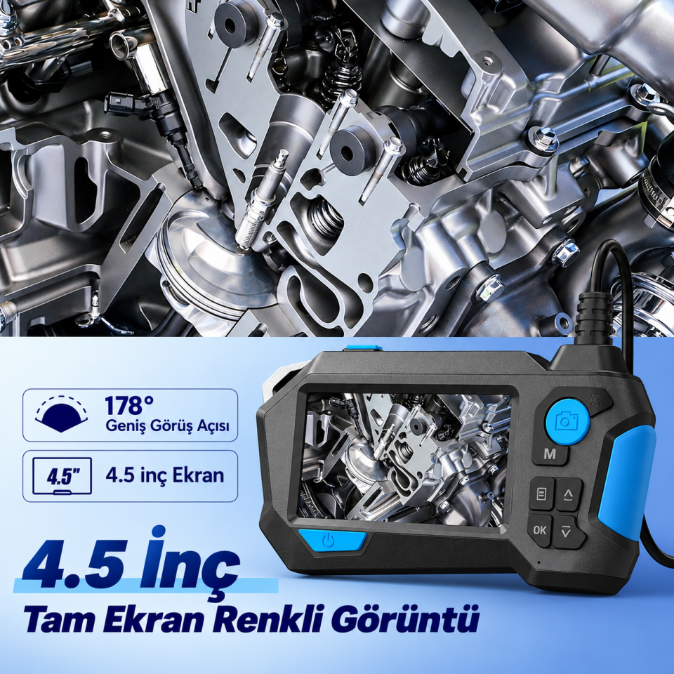 5 Metre 360° Derece Endoskop Kamera 9 mm Çift Lens – 4.5 İnç IPS Ekranlı 1080P Boru ve Motor Görüntüleme Kamerası