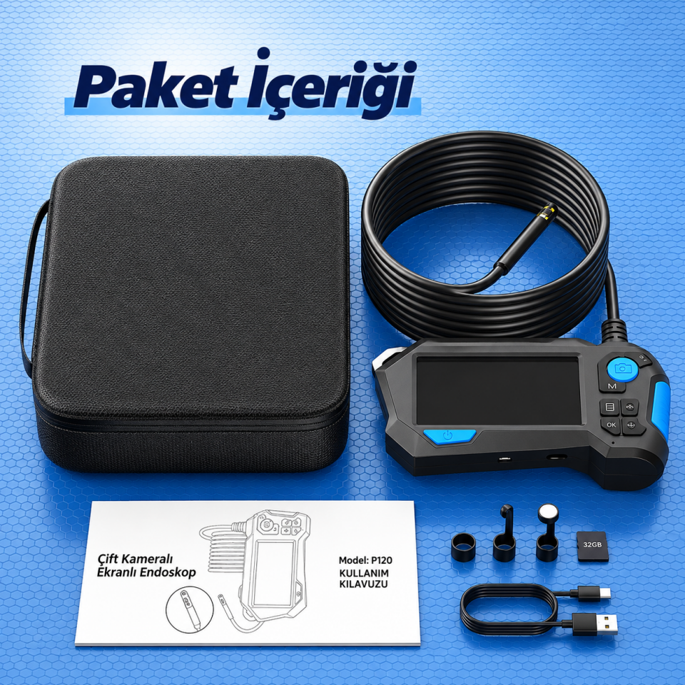 5 Metre 360° Derece Endoskop Kamera 9 mm Çift Lens – 4.5 İnç IPS Ekranlı 1080P Boru ve Motor Görüntüleme Kamerası