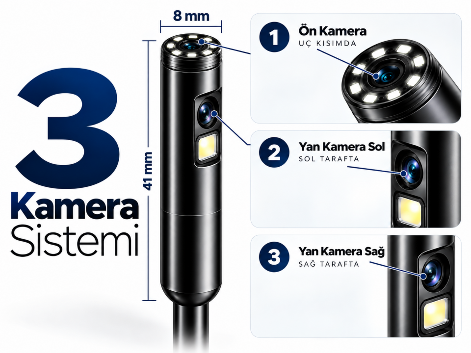 KMT-3K Android/iOS Uyumlu 720P Yılan 3 Kameralı Endoskop Kamera – Araç Motor ve Boru Kontrol Kamerası Telefon Bağlantılı