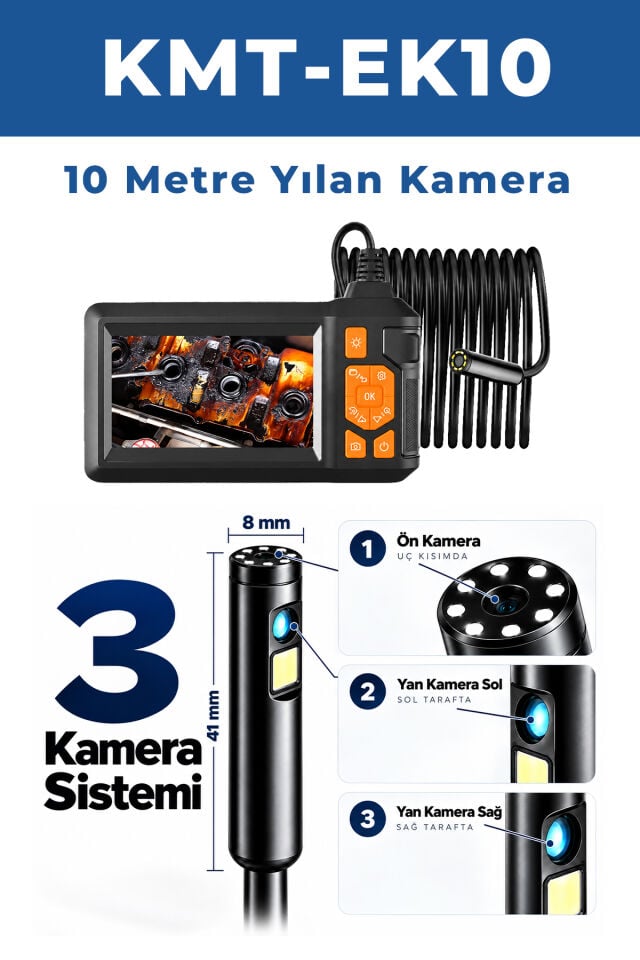KMT-EK10 Profesyonel 10 Metre 360° Ekranlı 3 Kameralı Endoskop Kamera – Araç Motor ve Boru Kontrol Kamerası