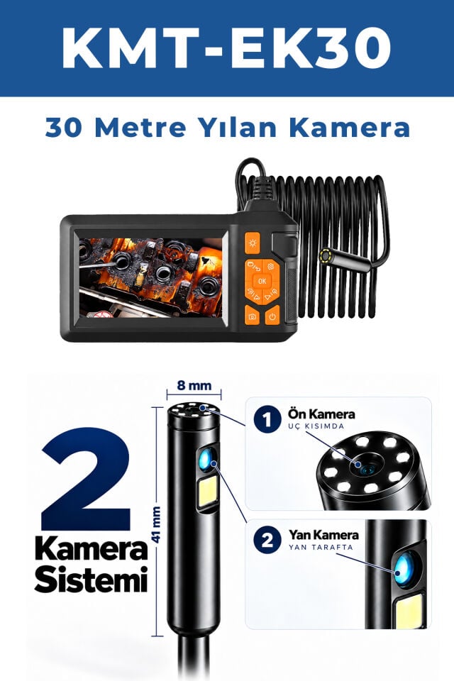 KMT-EK30 Profesyonel 30 Metre 360° Ekranlı Çift Endoskop Kamera – Araç Motor ve Boru Kontrol Kamerası