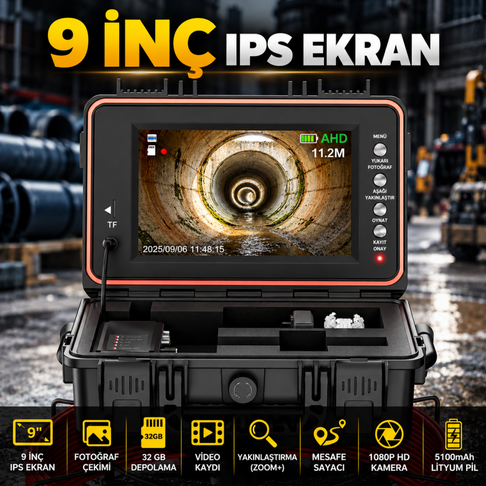 KMT-4040 (Cihaz + Küçük Başlık) Profesyonel 40 Metre Kanal Görüntüleme Kamerası – 9 İnç IPS Ekran, Metraj Sayacı ve Ekran Kaydı