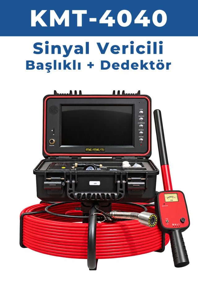 KMT-4040 (Cihaz + Sinyal Vericili Başlık+ Dedektör) Profesyonel 40 Metre Kanal Görüntüleme Kamerası – 9 İnç IPS Ekran, Metraj Sayacı ve Ekran Kaydı