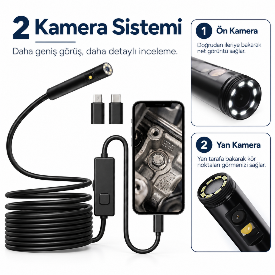 KMT-2K Android/iOS Uyumlu 720P Yılan 2 Kameralı Endoskop Kamera – Araç Motor ve Boru Kontrol Kamerası Telefon Bağlantılı