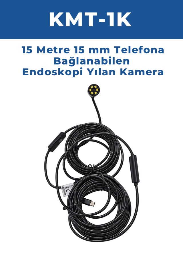 KMT-1K 15 Metre 15mm  Android/iOS Uyumlu 720P Yılan 1 Kameralı Endoskop Kamera – Araç Motor ve Boru Kontrol Kamerası Telefon Bağlantılı